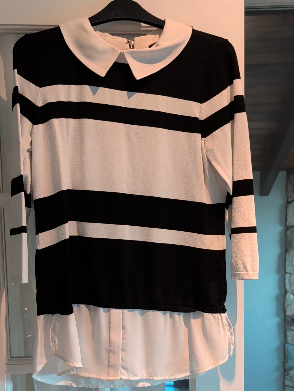 White House Black Market Black and White Striped Peter Pan Collar Tunic